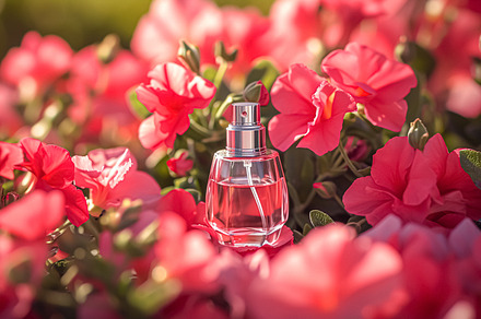 Perfume bottle in flowers, fragrance on blooming background, flo, a Photo by Anneleven