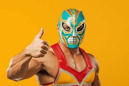 Portrait of a Lucha Libre wrestling mask superhero  on a yellow, a Sports & Recreation Photo by AS photostudio