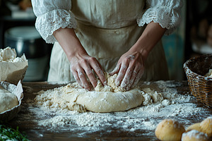 Hands of a baker kneading dough on a wooden surface in a rustic kitchen, a Food & Drink Photo by AlyaAnd