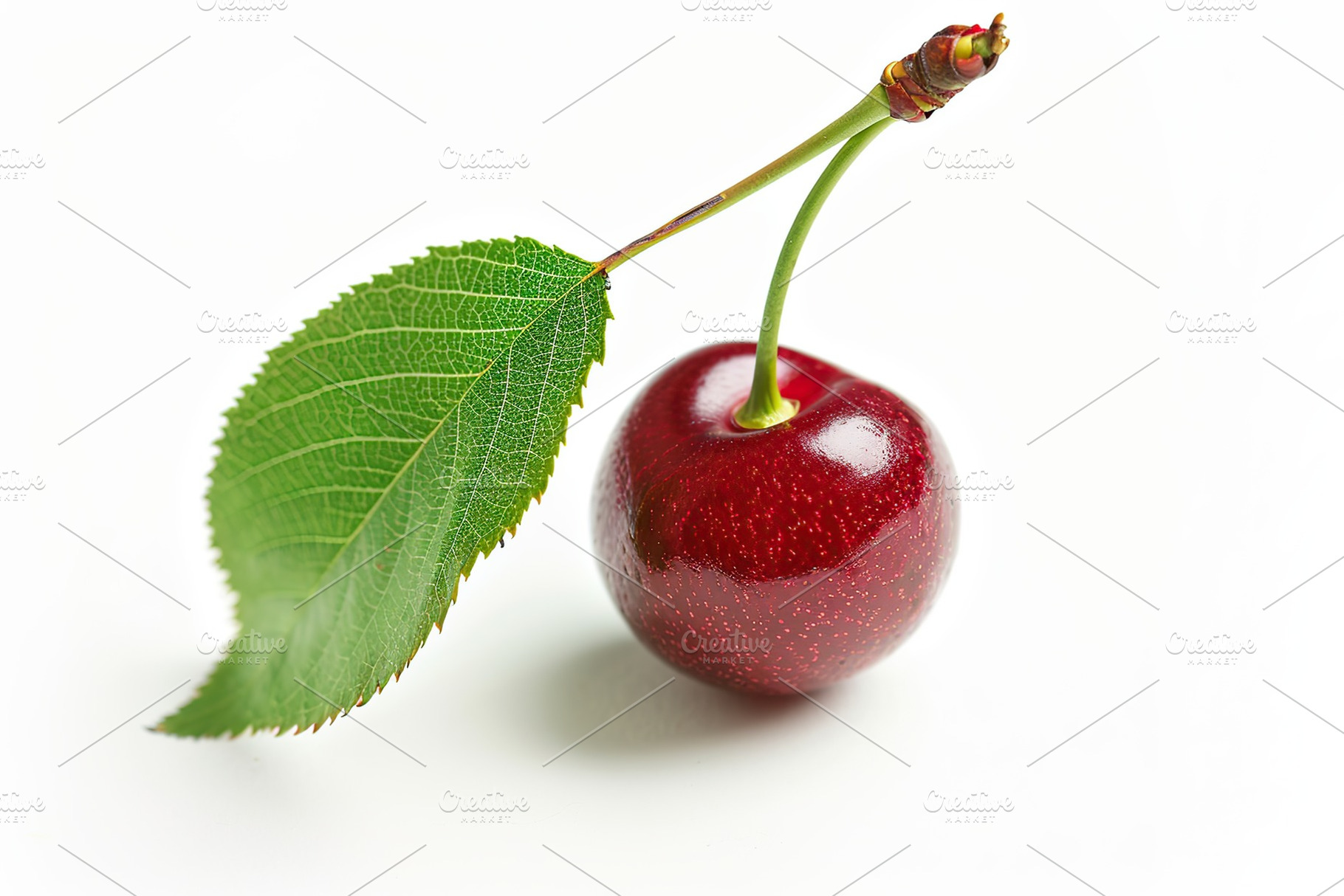 Fresh cherry with green leaf isolated on white background, a Food & Drink Photo by AlyaAnd
