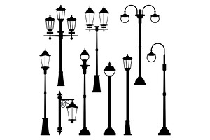 Old Street Lamps Set In Monochrome Style. Vector Illustrations Isolate