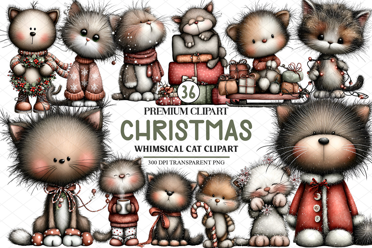 Whimsical Christmas Cat Clipart, an Animal Illustration by cherrydesign (Photo 1 of 4)