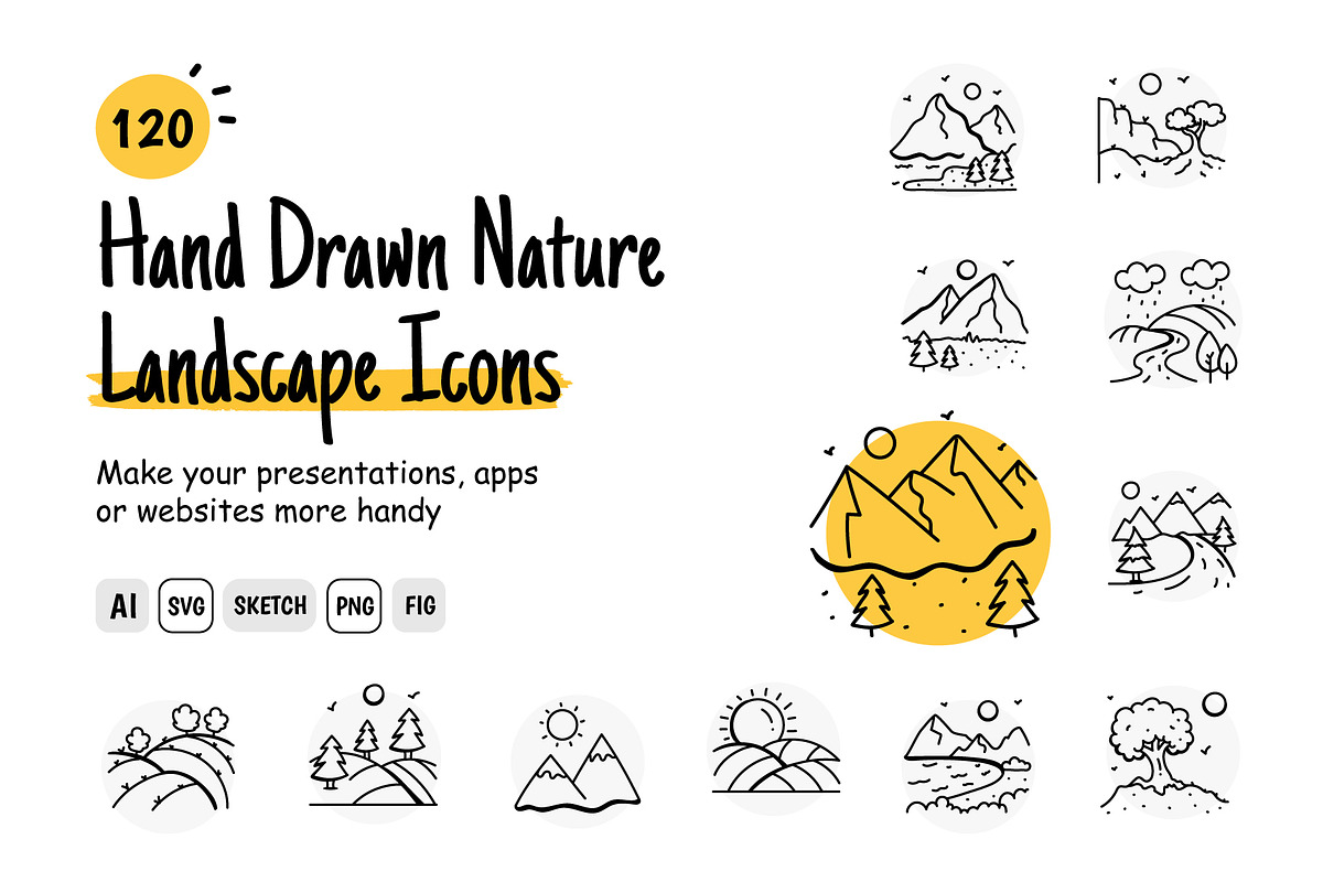 Hand Drawn Nature Landscape Icons, an Outline Icon by Brickclay (Photo 1 of 7)