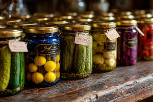 Preserved vegetables in glass jars o, a Photo by Pixeness Studio