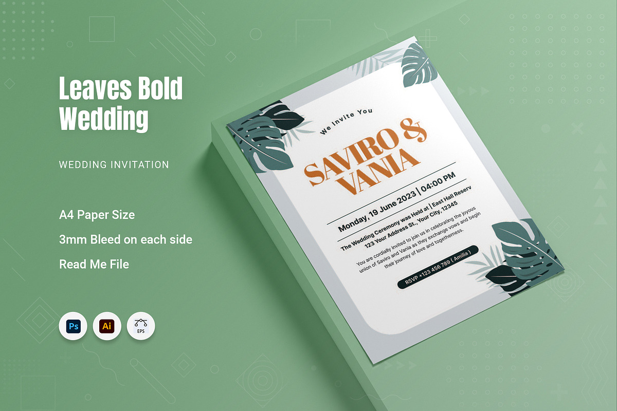 Leaves Bold Wedding Invitation, an Invitation Template by Fannan Studio