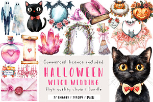 Pink Halloween Witch Wedding Clipart, an Illustration by CreationArt