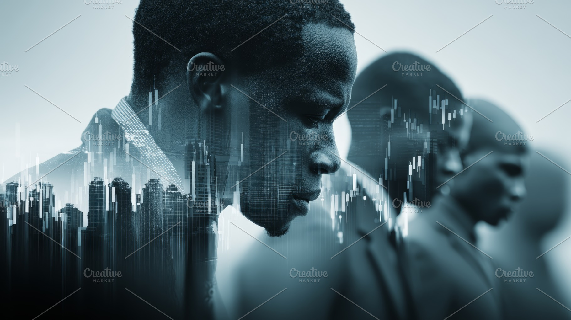 African business professionals in profile with stock market data overlay and ci, a Photo by AS photostudio