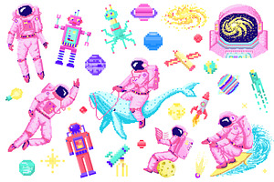 Pixel Art 8 Bit Space Objects.