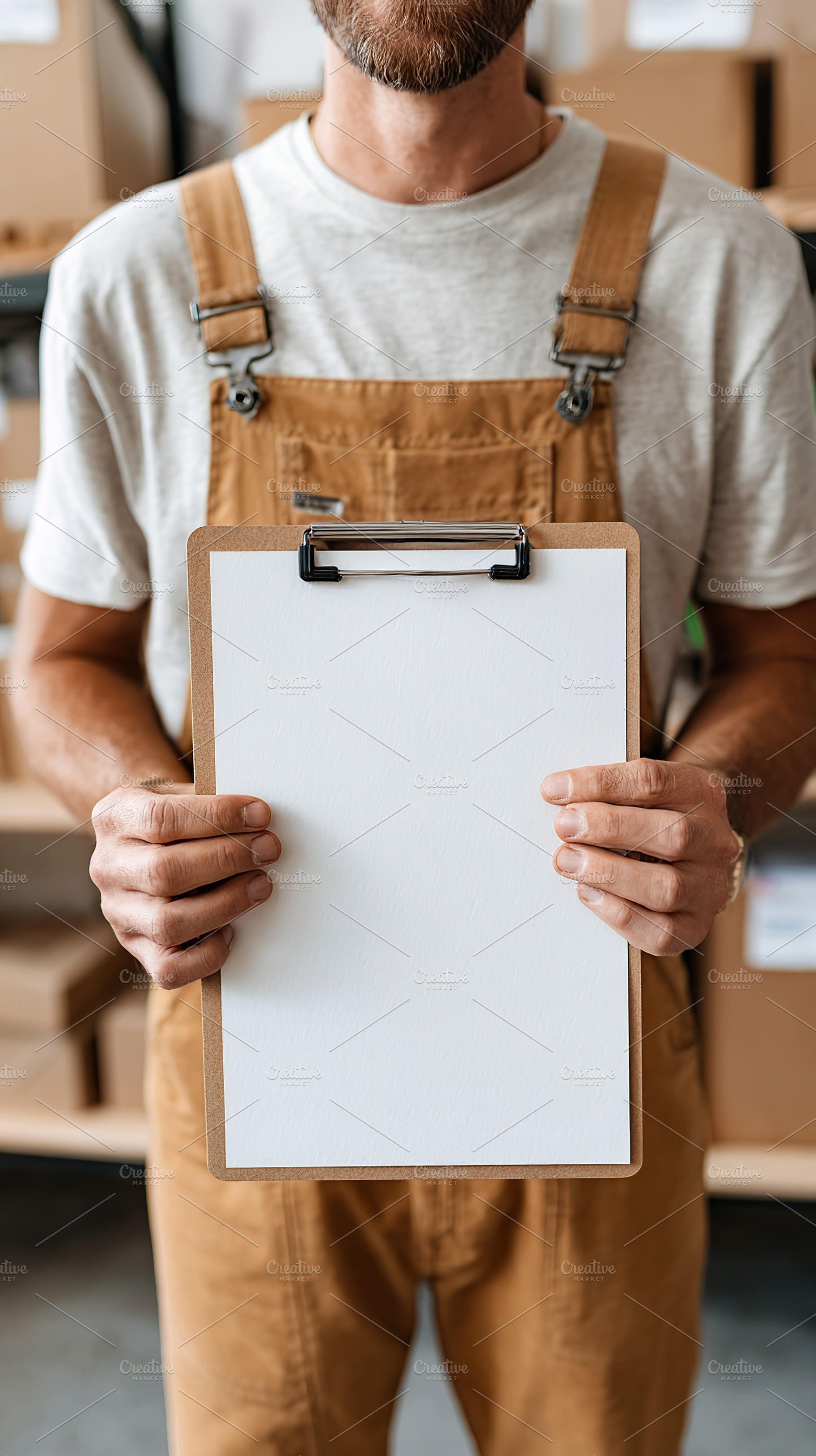 Man in brown overalls holds blank clipboard in storage facility while preparing, a Photo by AlyaAnd