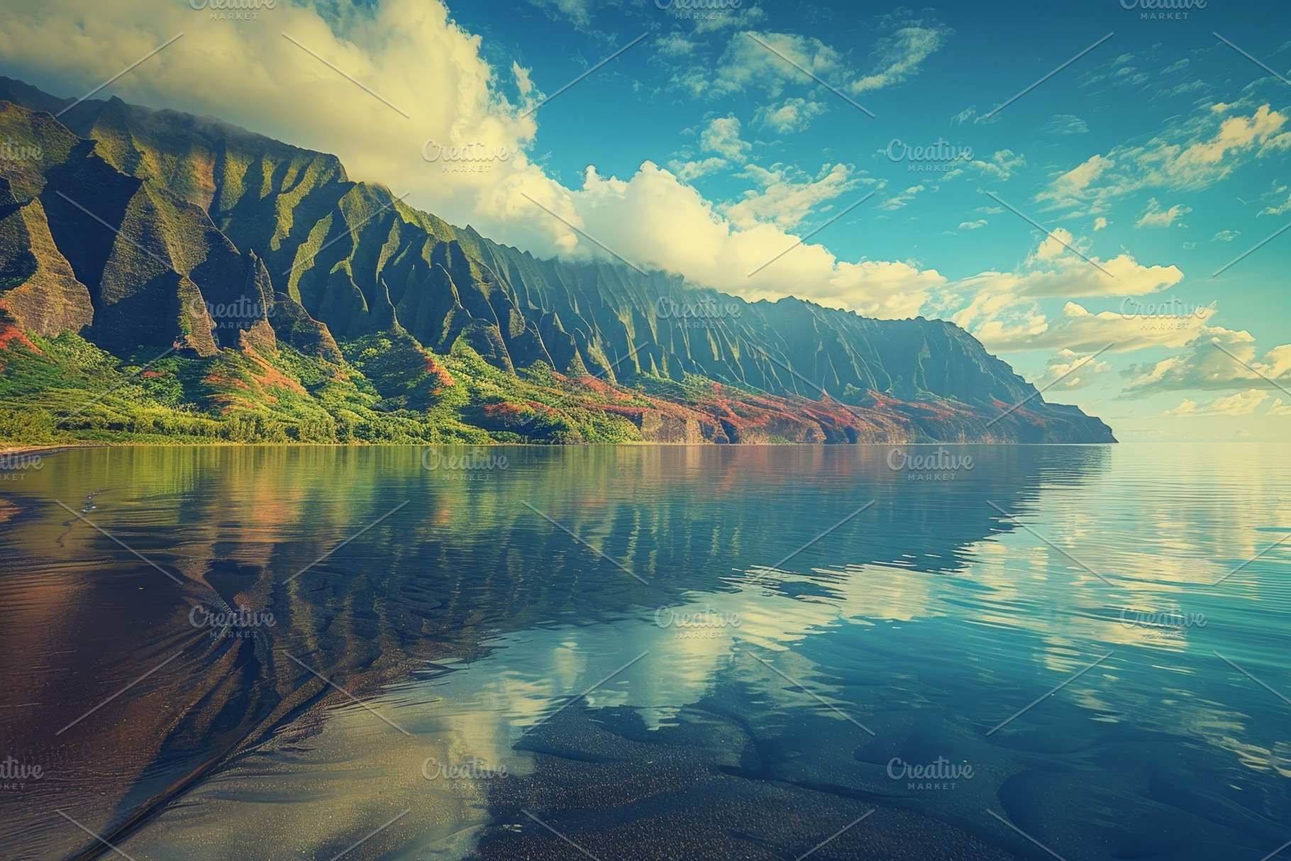 The serene coastline of Kauai featur, a Photo by Tanuart