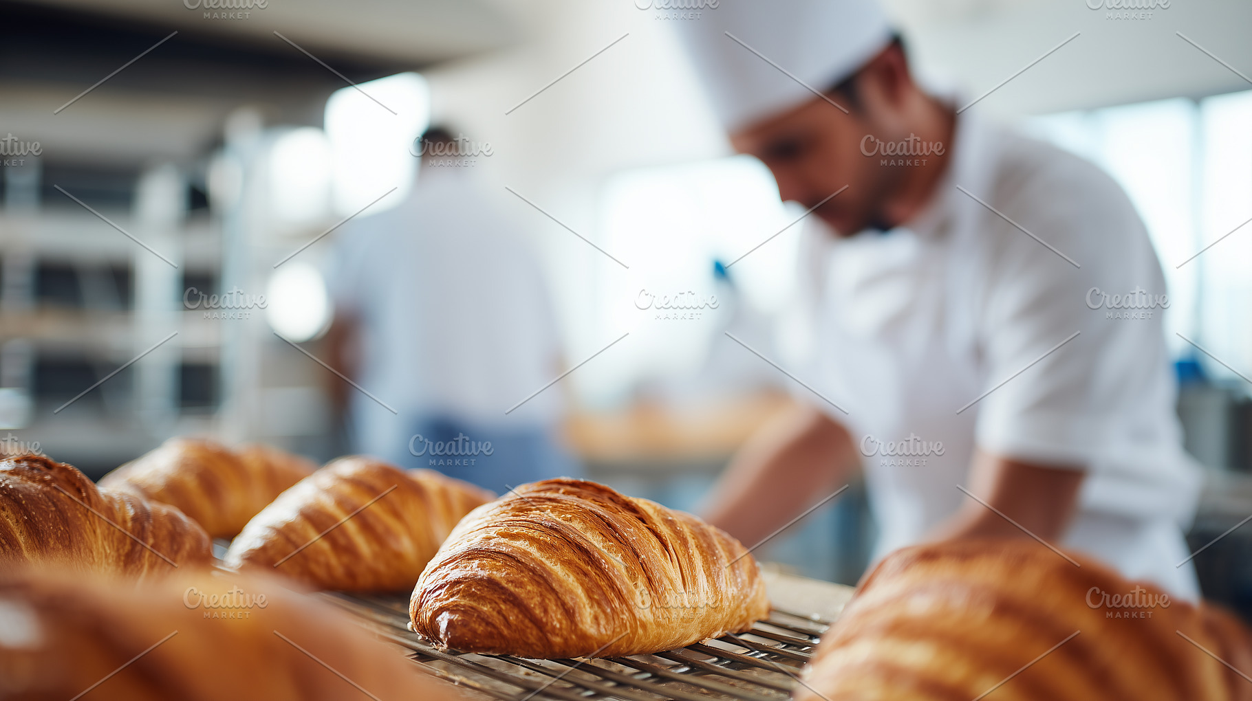 Freshly baked golden croissants cool, a Food & Drink Photo by MistyDay