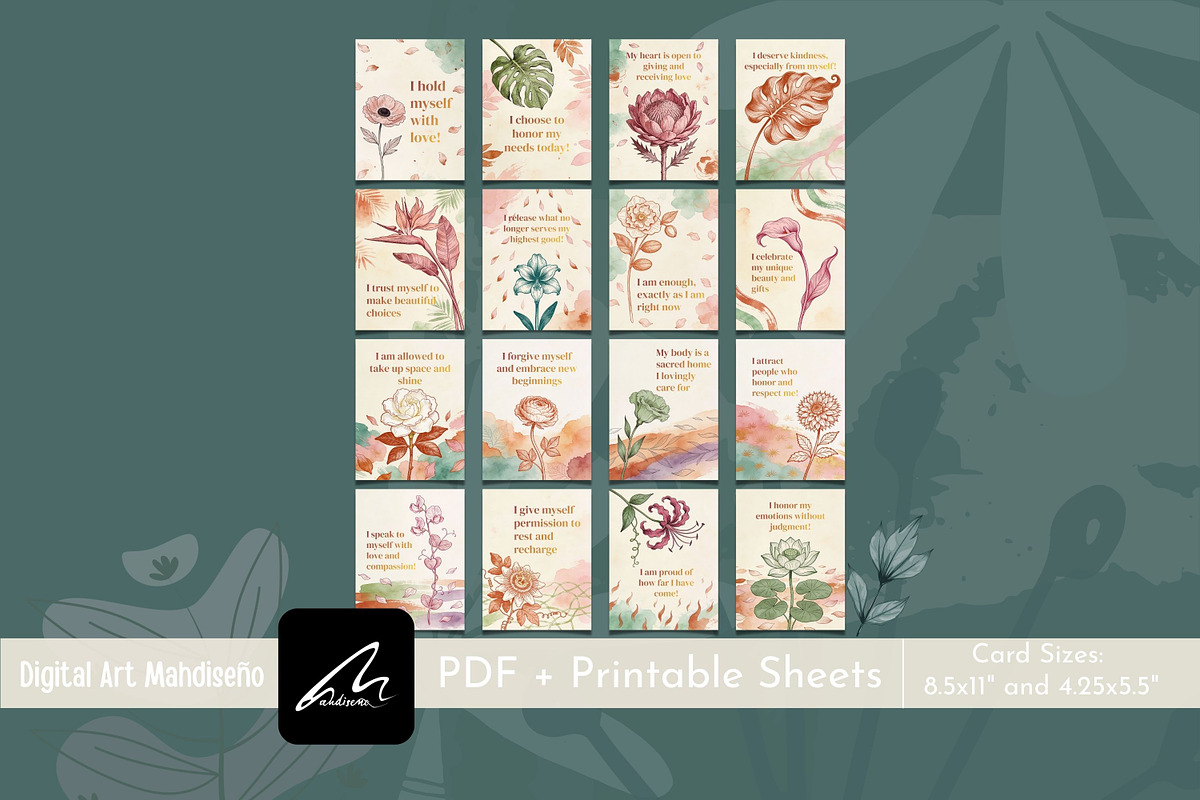 Boho Botanical Affirmation Cards, a Card Template by Digital Art Mahdiseño (Photo 4 of 13)