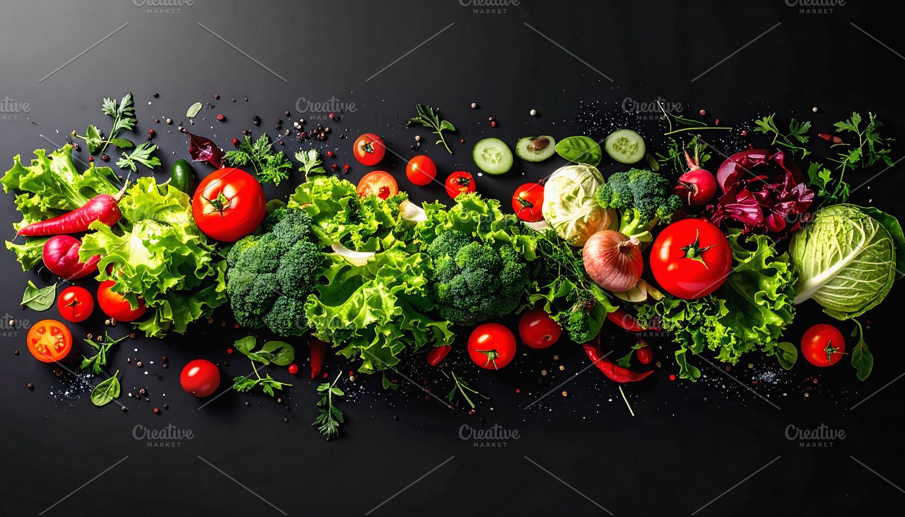 Fresh flying vegetables with tomatoes lettuce broccoli and cabba, a Food & Drink Photo by GoodGoods