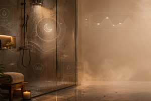 Dark showering concept. Modern bathroom with rain shower and amb, a Photo by Dvoevnore photos