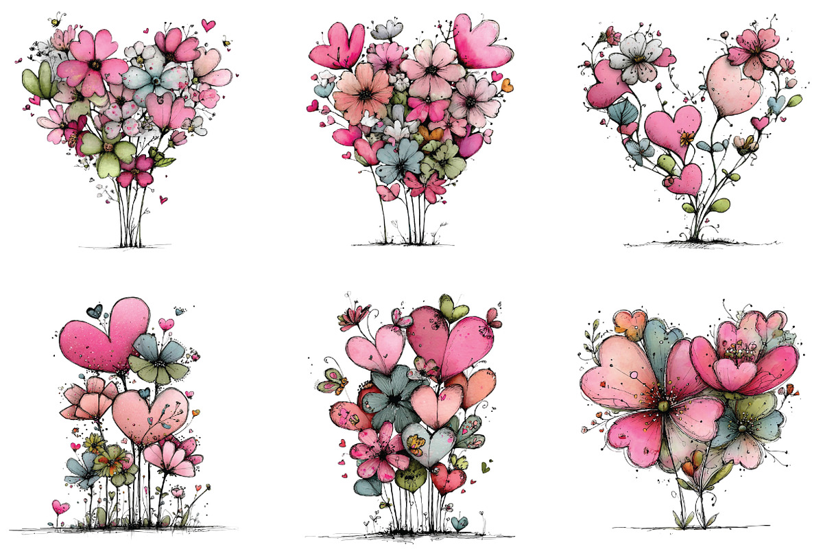 Whimsical Floral Hearts Clipart, an Illustration by CraftArtStudio (Photo 2 of 6)
