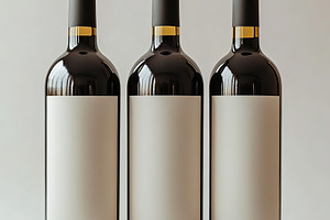 Three wine bottles with blank labels arranged against a soft bac, a Food & Drink Photo by AlyaAnd
