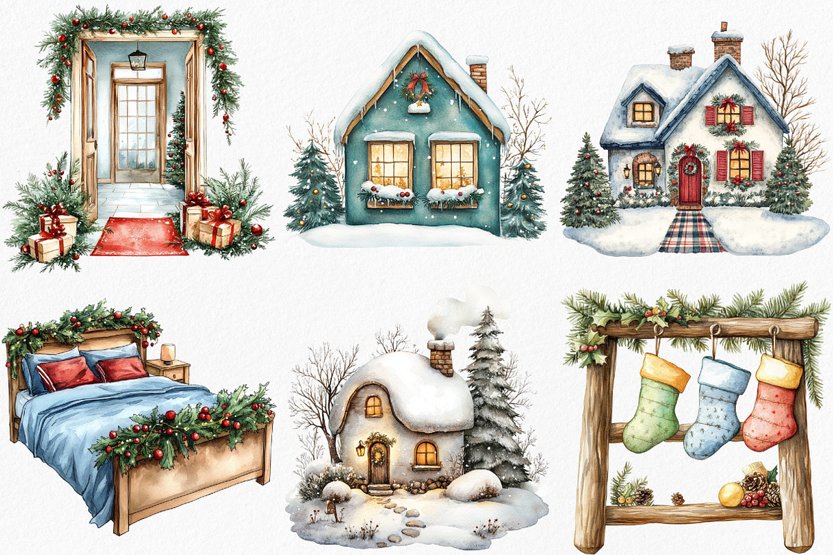 Watercolor Christmas Home Clipart, an Illustration by Canvas Craft (Photo 4 of 8)
