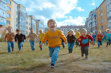 Happy children running outdoors joyf, a Background Photo by Pixeness