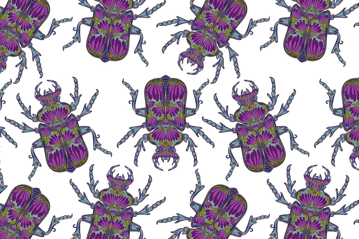 Floral Beetles Blue-Violet Vector, a Pattern Graphic by NayaChu (Photo 2 of 7)