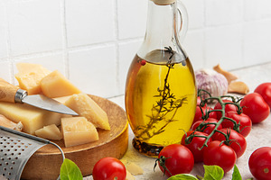 Italian cooking ingredients for fresh mediterranean meal prepara, a Food & Drink Photo by Olena Rudo