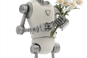 Robot holding bouquet of flowers, a Photo by Dvoevnore photos