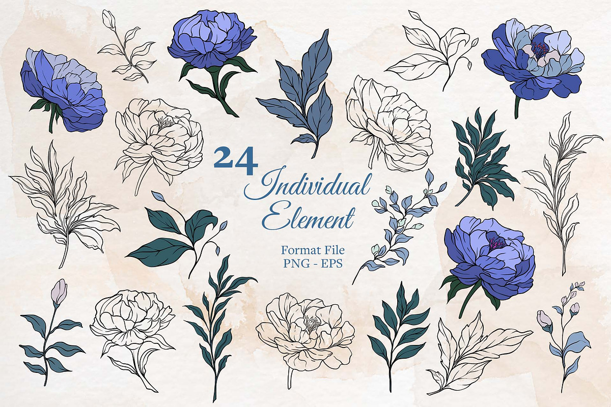 Blue Peony Flowers Set, a Decorative Illustration by Papatongartist (Photo 5 of 6)