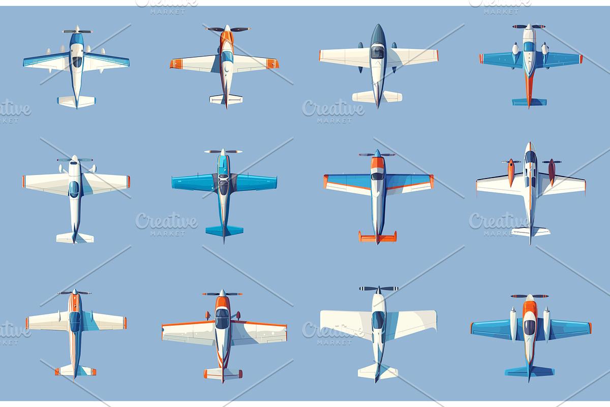 Set of cartoon propeller-driven, a Transportation Illustration by LadadikArt