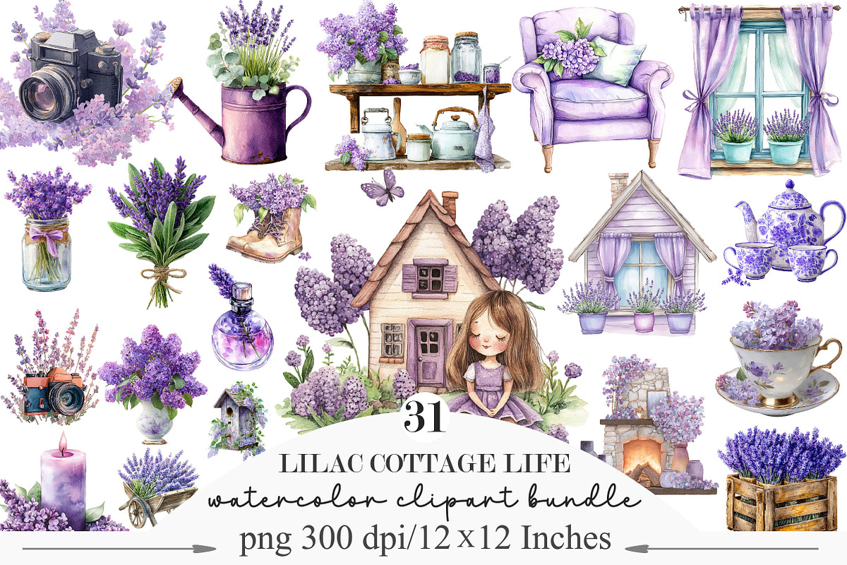 Watercolor Lilac Cottage Life Items, an Illustration by Designking (Photo 1 of 5)