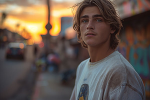 A young Caucasian male with tousled hair stands thoughtfully against a sunset b, a Person Photo by ImageMir
