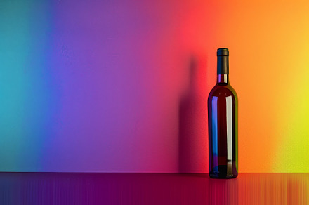 The deep red wine bottle is elegantl, a Photo by Tanuart