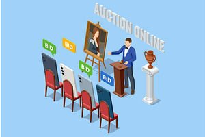 Isometric online auction scene with, a Finance Illustration by Golden Sikorka