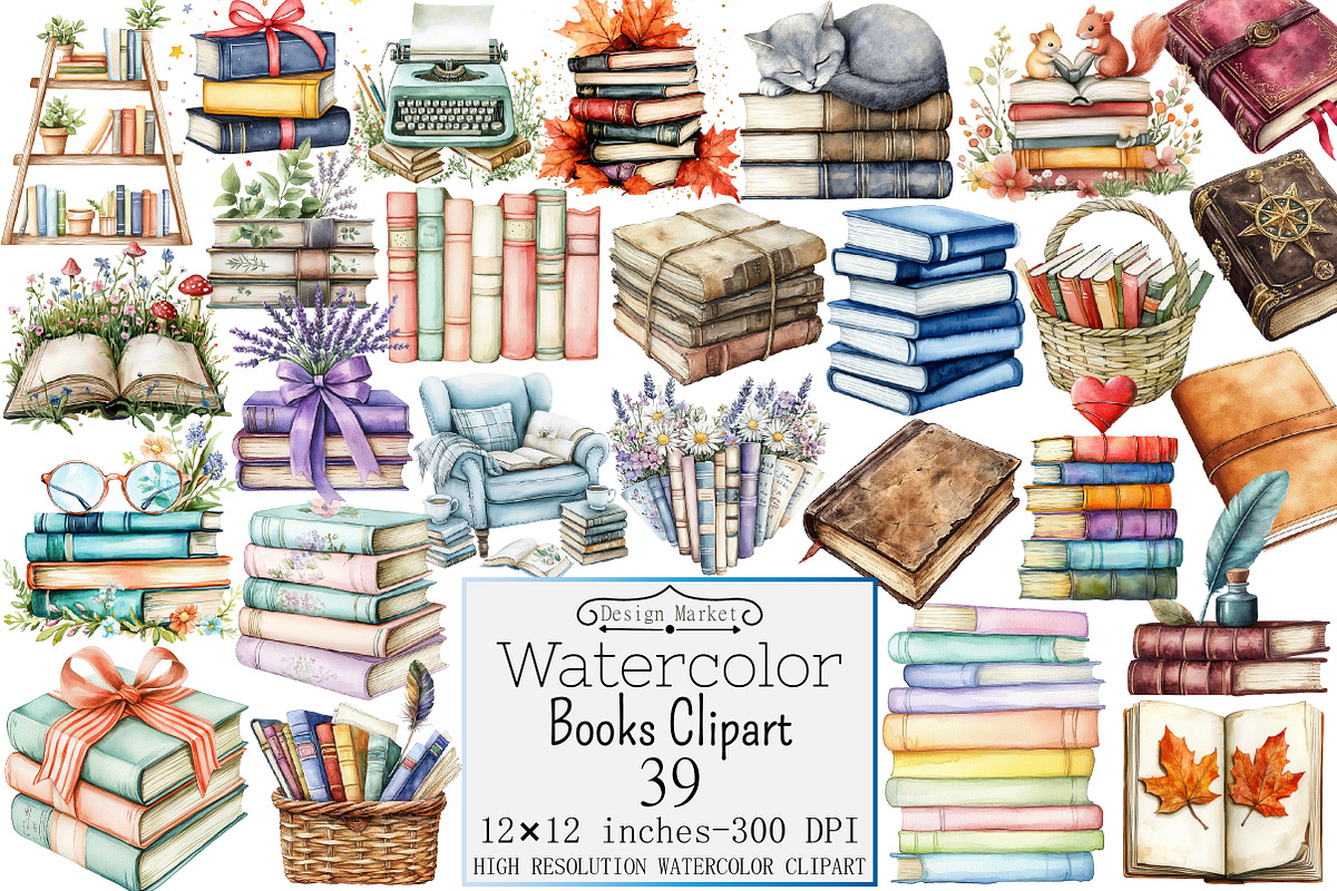 Watercolor Books Clipart, a Seasonal Illustration by Design Market (Photo 1 of 4)