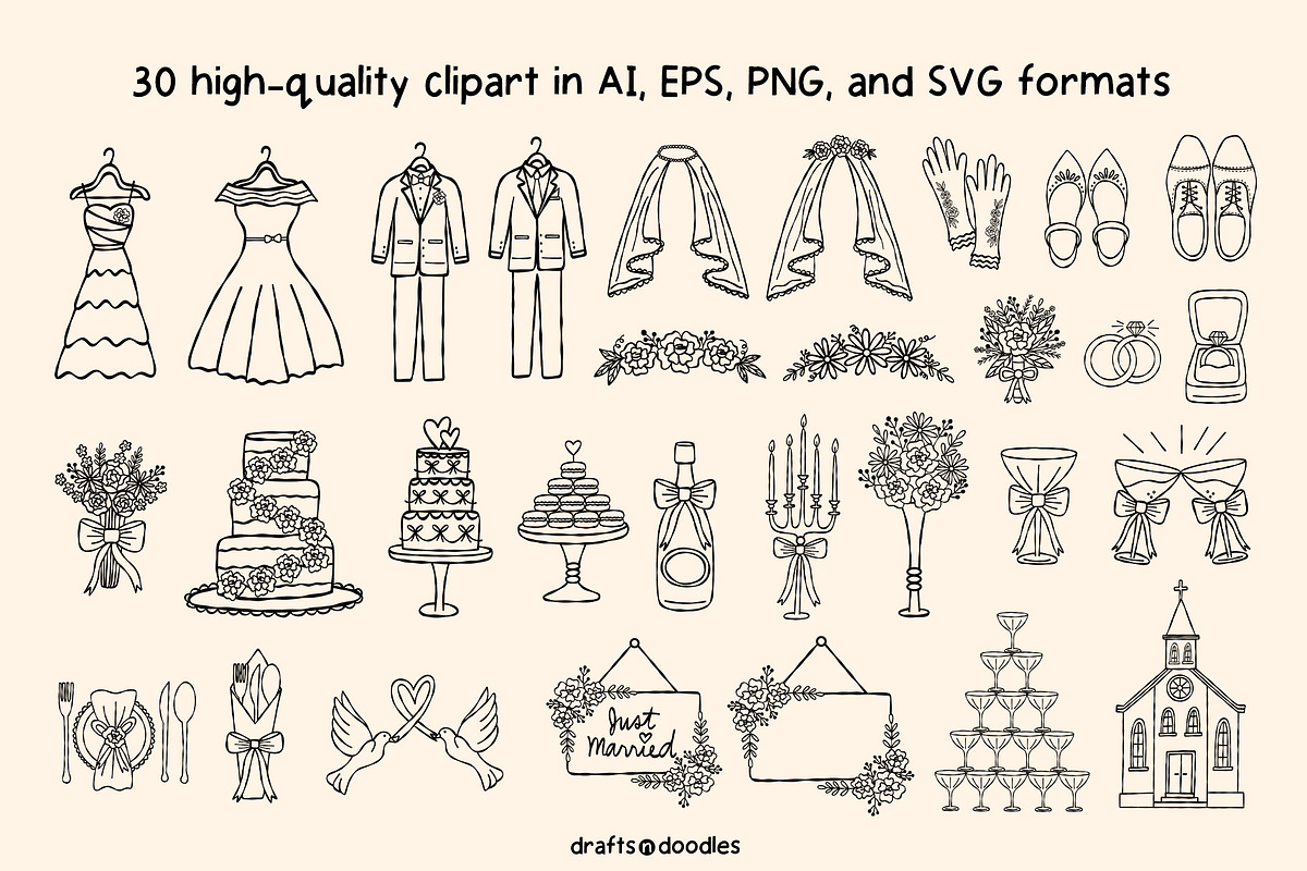 Whimsical Wedding Line Art Clipart, an Object Illustration by Drafts n Doodles (Photo 2 of 3)