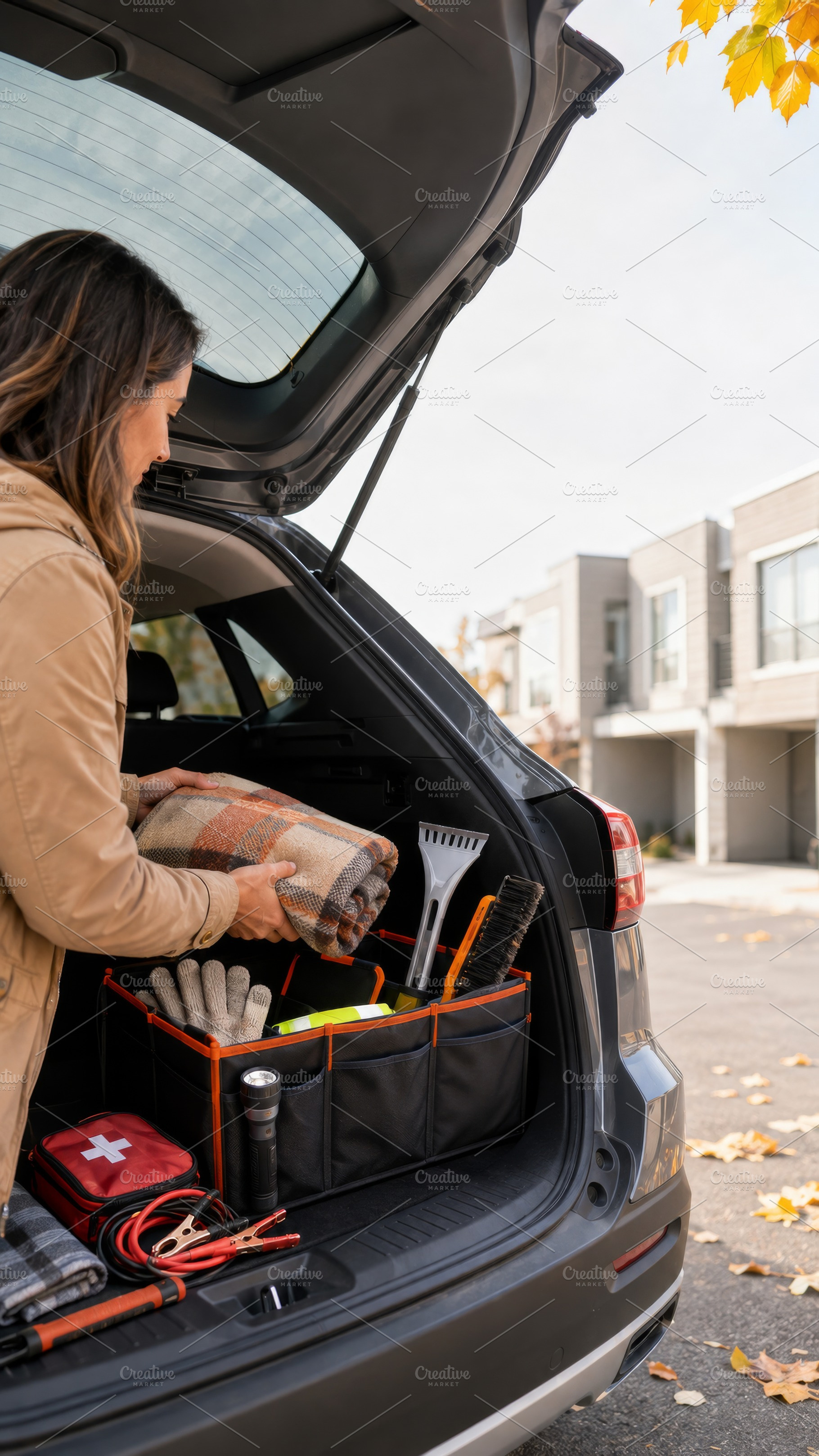 Seasonal car care scene with woman o, a Photo by Dvoevnore photos