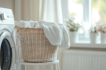 Laundry basket rests on rack beside, a Photo by Iftikhar Alam