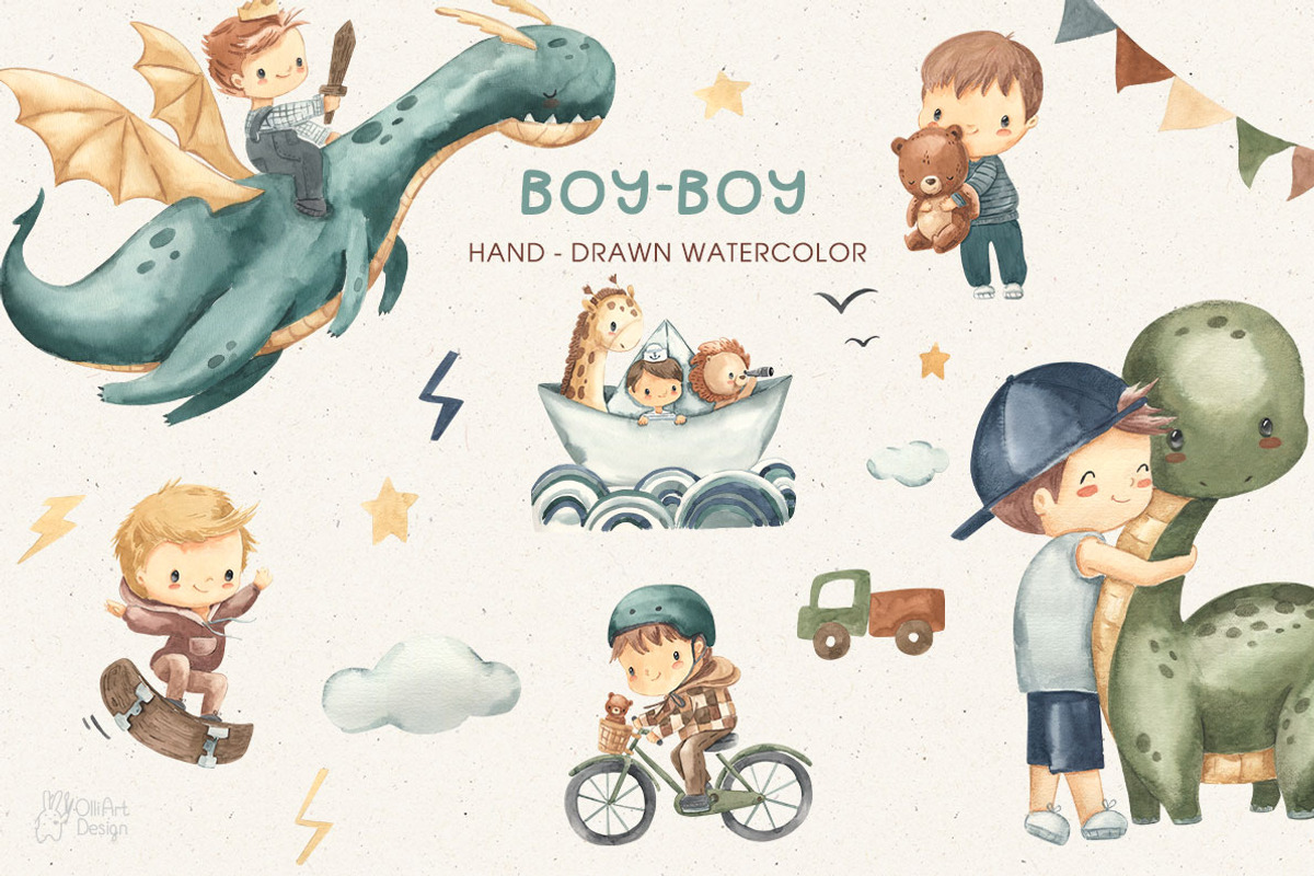 BOY-BOY. Watercolor clipart, a Person Illustration by OlliArtDesign (Photo 1 of 6)