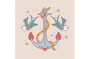 anchor birds tattoo, an Illustration by studiogstock