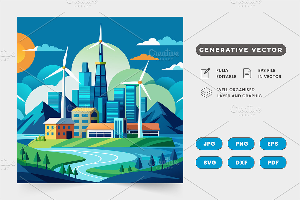 City skyline with modern wind turbin, a Graphic by SaroStock
