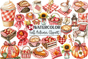 Red Gingham Fall Autumn Clipart, an Illustration by Rose Art