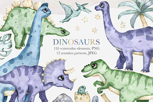 Watercolor cute dinosaurs set