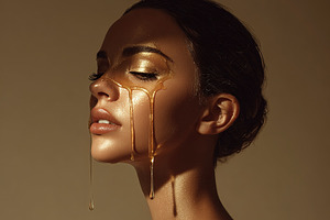 Close-up of a woman with honey and gold makeup dripping down her, an Abstract Photo by Ales Munt