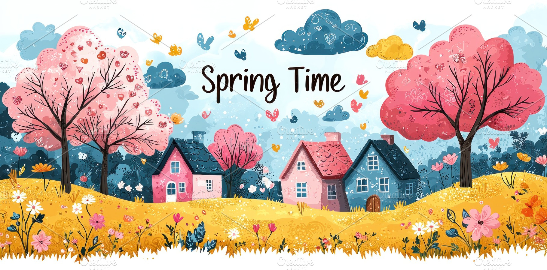 Spring landscape with pink blossom trees, colorful houses, flowe, a Holiday Photo by José Manuel Gelpi