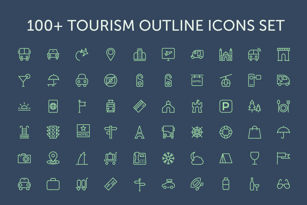 100+ Tourism Outline Icons Set, an Outline Icon by Creative Stall (Photo 1 of 2)