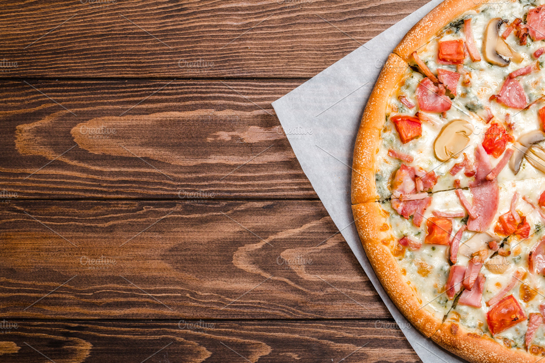 Pizza with mushrooms and ham stock photo containing american and background, a Food & Drink Photo by piter.goskov