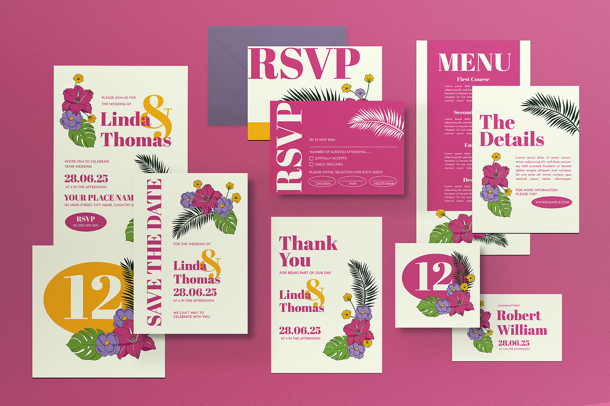 Magenta Botanical Wedding Invitation, an Invitation Template by graphicook (Photo 1 of 3)