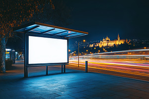 Blank billboard at night city bus st, a Photo by Pixeness Studio