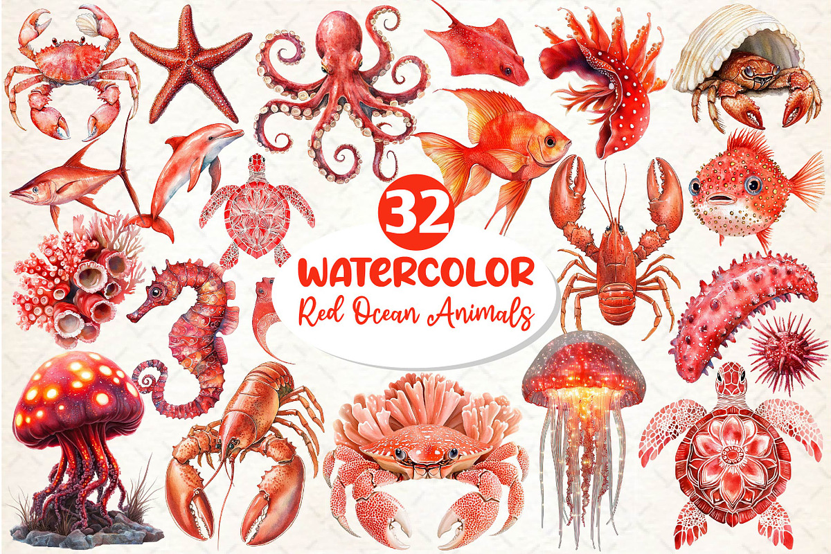 Red Ocean Animals Clipart, an Illustration by Dream Creation (Photo 1 of 6)