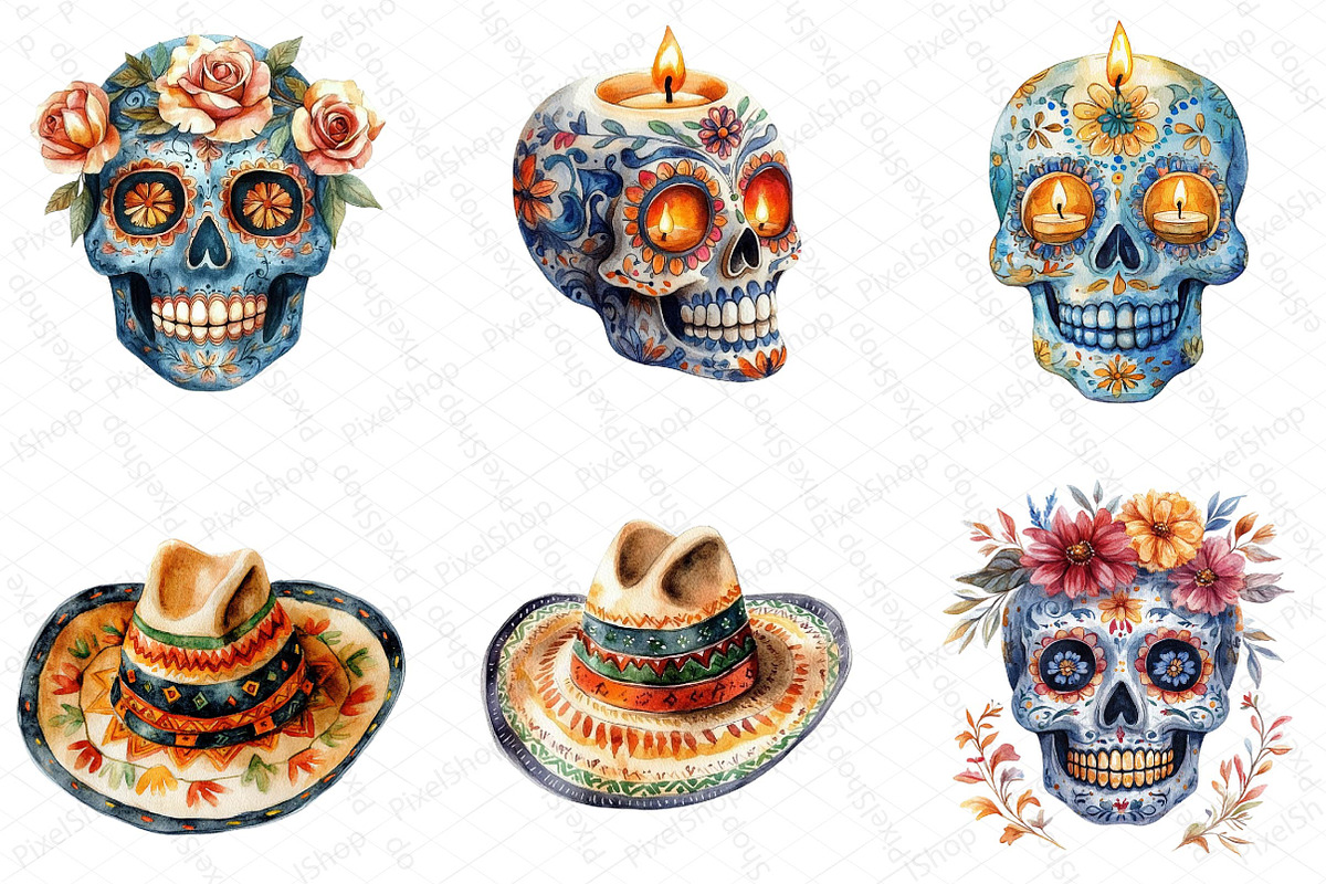 Watercolor Mexican Halloween Clipart, an Illustration by DreamPrint404 (Photo 2 of 6)