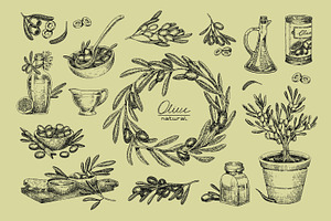 Olive sketches set + backgrounds, a Food Illustration by PaperTrident