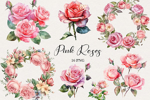 Pink Roses Watercolor Clipart. AI